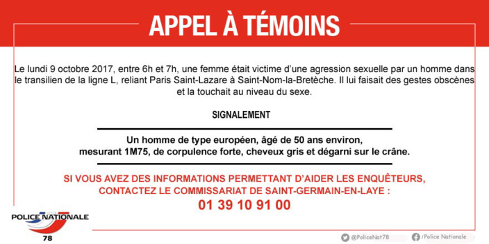Agression sexuelle dans un train : la police des Yvelines lance un appel à témoins Agression sexuelle dans un train : la police des Yvelines lance un appel à témoins