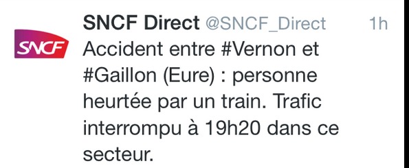 Eure : une personne écrasée ce soir par un train entre Rouen et Vernon