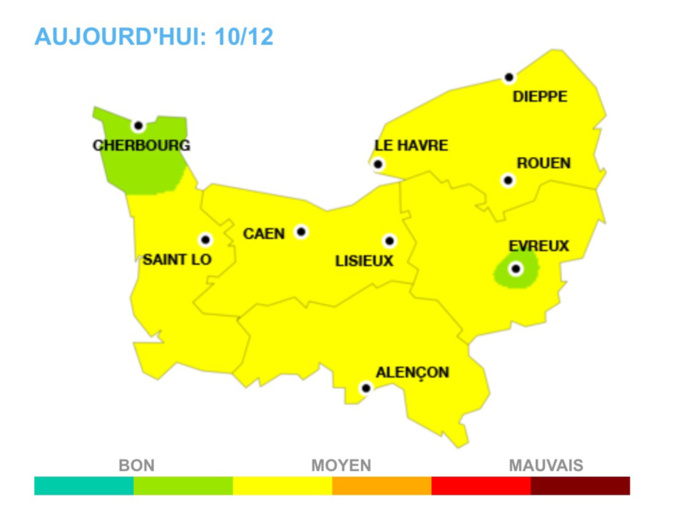 Les prévisions de la qualité de l'air en Normandie pour samedi 10 décembre (document: Air Normand) Les prévisions de la qualité de l'air en Normandie pour samedi 10 décembre (document: Air Normand)