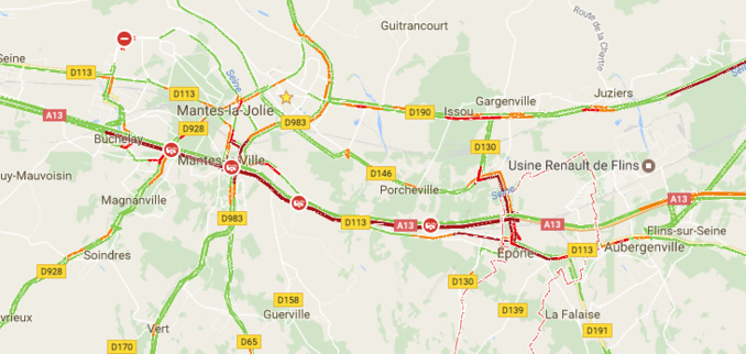 Carambolage important : l'A13 coupée à Flins-sur-Seine (Yvelines) en direction de Paris Carambolage important : l'A13 coupée à Flins-sur-Seine (Yvelines) en direction de Paris