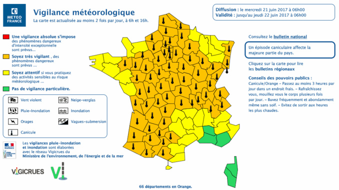 66 départements sont placés en vigilance orange canicule, dont la Seine-Maritime, l'Eure, l'Orne ert l'ensemble des départements d'Ile-de-France  (Document © Météo France)