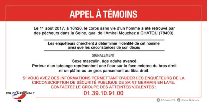 Chatou : le cadavre d'un homme repêché en Seine, la police lance un appel à témoin pour l'identifier 