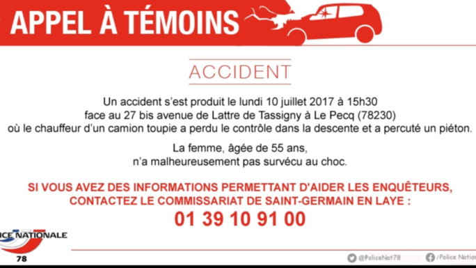 Accident mortel entre Saint-Germain-en-Laye et Le Pecq : les enquêteurs recherchent des témoins Accident mortel entre Saint-Germain-en-Laye et Le Pecq : les enquêteurs recherchent des témoins