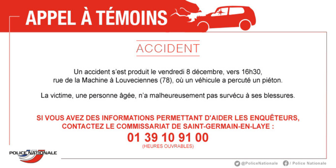 Accident mortel à Louveciennes : la police des Yvelines lance un appel à témoin Accident mortel à Louveciennes : la police des Yvelines lance un appel à témoin