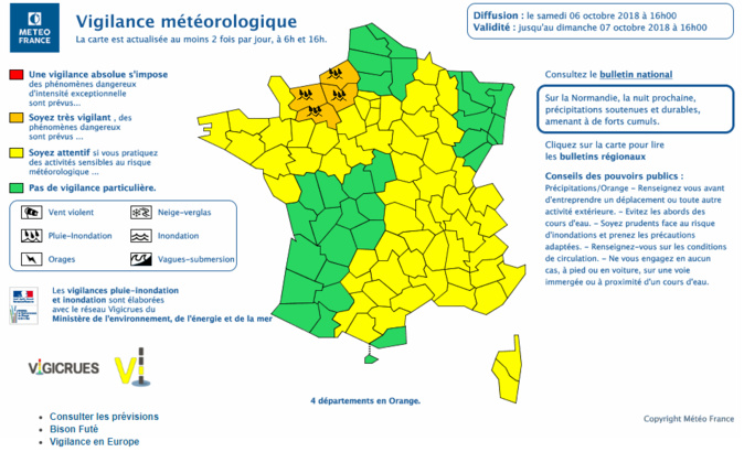 La Seine-Maritime, l'Eure, le Calvados et l'Orne sont en vigilance orange « pluie-inondation »