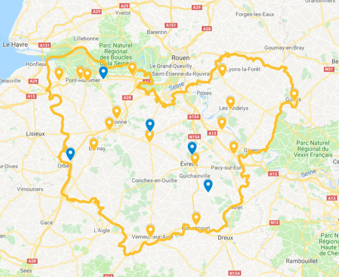 La carte des rassemblements et barrages filtrants établie par la préfecture de l'Eure mercredi à 18 heures La carte des rassemblements et barrages filtrants établie par la préfecture de l'Eure mercredi à 18 heures