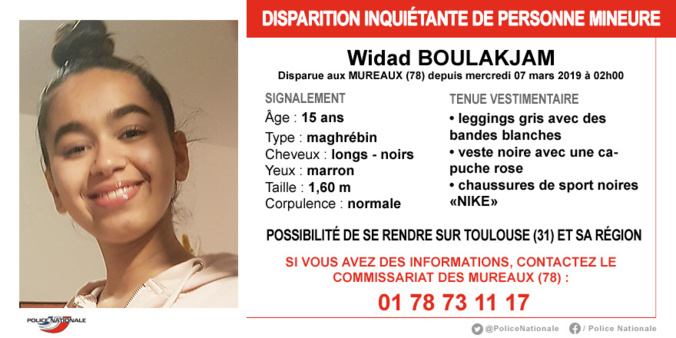Disparition inquiétante de Widad, 15 ans : la police des Mureaux (Yvelines) lance un appel à témoins Disparition inquiétante de Widad, 15 ans : la police des Mureaux (Yvelines) lance un appel à témoins