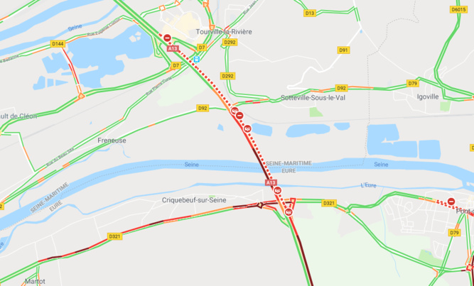 Carambolage sur l'A13 à Criquebeuf-sur-Seine : huit blessés légers, trafic très perturbé en direction de Caen Carambolage sur l'A13 à Criquebeuf-sur-Seine : huit blessés légers, trafic très perturbé en direction de Caen