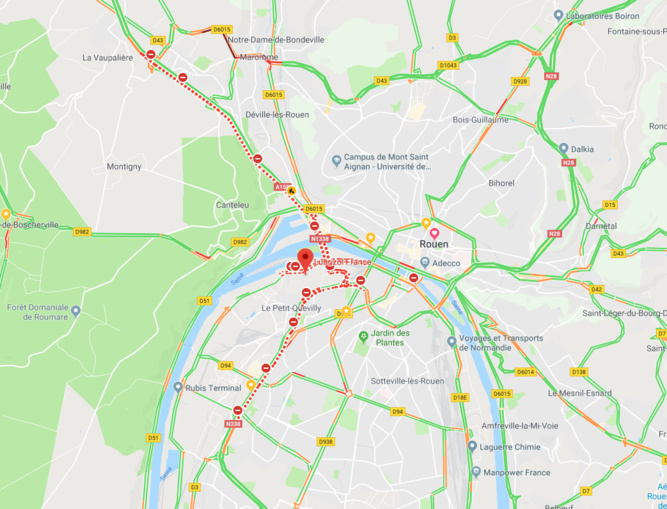 La carte des routes fermées ce matin dans l'agglomération de Rouen, autour de l'usine Lubrizol . Cliquer sur la carte pour l'agrandir