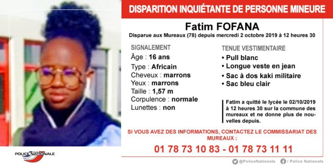Un appel à témoin lancé après la disparition inquiétante de Fatim, 16 ans, aux Mureaux (Yvelines) Un appel à témoin lancé après la disparition inquiétante de Fatim, 16 ans, aux Mureaux (Yvelines)