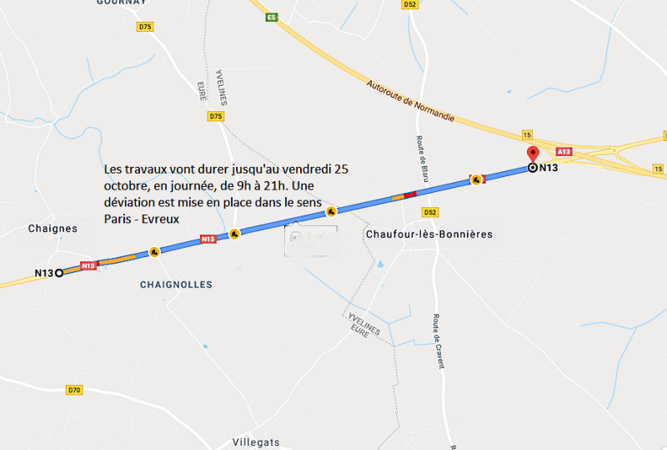 Travaux sur la RN13 entre Chaufour et Chaignes : circulation modifiée jusqu'au 25 octobre Travaux sur la RN13 entre Chaufour et Chaignes : circulation modifiée jusqu'au 25 octobre