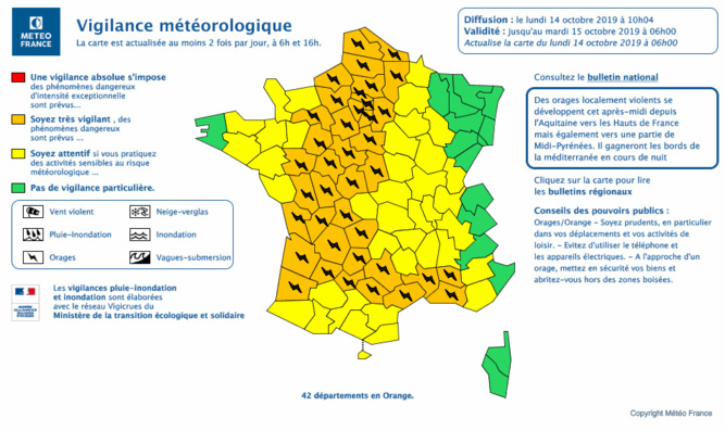 42 départements ont été placés en vigilance orange par Météo France