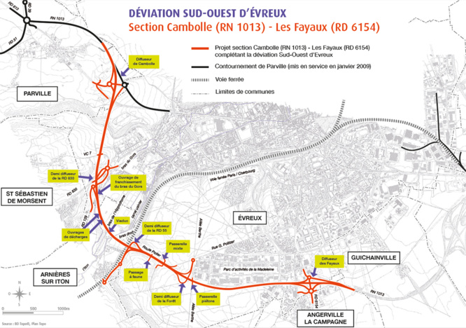 Le tracé de la future déviation sud-ouest d'Evreux Le tracé de la future déviation sud-ouest d'Evreux
