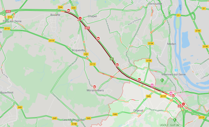 Accident mortel à Orgeval (Yvelines) : l'autoroute A13 fermée en début de soirée en direction de Paris Accident mortel à Orgeval (Yvelines) : l'autoroute A13 fermée en début de soirée en direction de Paris