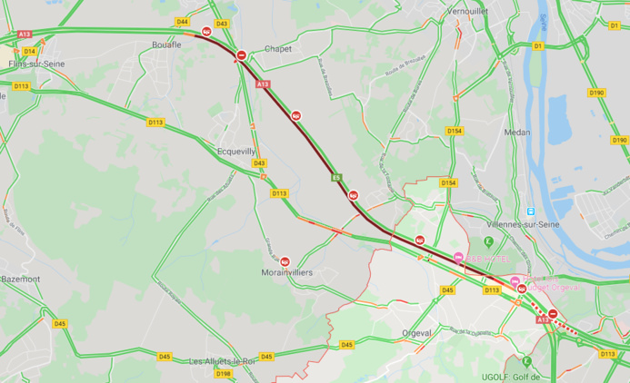 Accident mortel à Orgeval (Yvelines) : l'autoroute A13 fermée en début de soirée en direction de Paris
