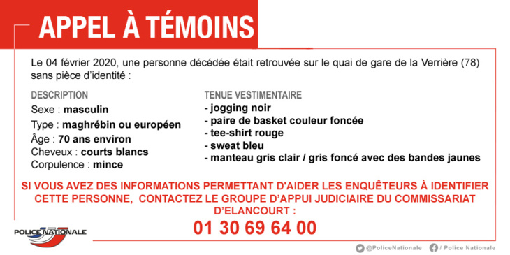 Appel à témoins pour identifier un homme découvert décédé en gare de La Verrière (Yvelines) Appel à témoins pour identifier un homme découvert décédé en gare de La Verrière (Yvelines)