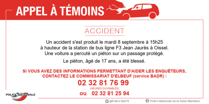 Un véhicule percute un piéton et prend la fuite à Oissel : la police lance un appel à témoins Un véhicule percute un piéton et prend la fuite à Oissel : la police lance un appel à témoins
