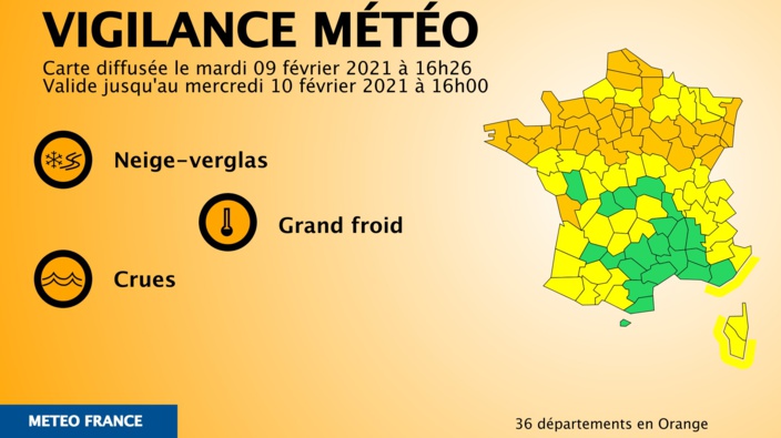La carte des 36 départements en vigilance Orange neige-verglas Document © Météo France La carte des 36 départements en vigilance Orange neige-verglas Document © Météo France