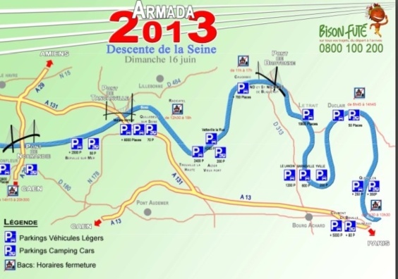 Une vingtaine de parkings spécialement aménagés à l'occasion de l'Armada seront mis à la disposition des spectateurs sur tout le long du parcours des bateaux de l'Armada, entre Rouen et Le Havre (Cliquez sur le plan pour l'agrandir) Une vingtaine de parkings spécialement aménagés à l'occasion de l'Armada seront mis à la disposition des spectateurs sur tout le long du parcours des bateaux de l'Armada, entre Rouen et Le Havre (Cliquez sur le plan pour l'agrandir)