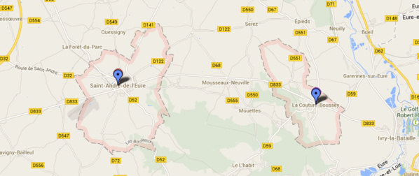 Les deux communes sont situées en bordure de la D833 à moins de 10 kilomètres l'une de l'autre (@Google Maps) Les deux communes sont situées en bordure de la D833 à moins de 10 kilomètres l'une de l'autre (@Google Maps)