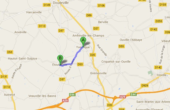 La collision s'est produite sur le CD37 entre Yvecrique et Etoutteville  (@Google Maps)