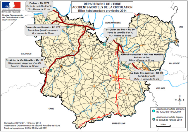 Sur ce document de la préfecture, sont répertoriés les accidents mortels dans l'Eure depuis le début de l'année (Cliquez sur la carte pour l'agrandir) Sur ce document de la préfecture, sont répertoriés les accidents mortels dans l'Eure depuis le début de l'année (Cliquez sur la carte pour l'agrandir)