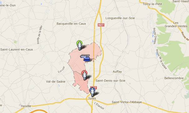 L'hélicoptère de la gendarmerie a survolé ce samedi entre 11 h et 13 h les communes de Beauval-en-Caux et de Calleville-les-Deux-Eglises (zone en rose) au nord de Tôtes