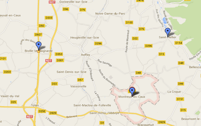 Les trois cambriolages ont été commis dans un même périmètre, autour d'Auffay @Google Maps