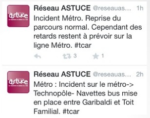 Le réseau Astuce de la TCAR a signalé l'accident à ses abonnés sur Twitter