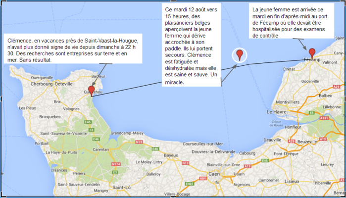 Clémence a dérivé pendant 36 heures entre Saint-Vaast-la-Hougue et Le Havre.  Elle a dû affronter des creux de quatre mètres et des vents de plus de 70 km/h (Cliquez sur le plan pour l'agrandir) @infoNormandie.com