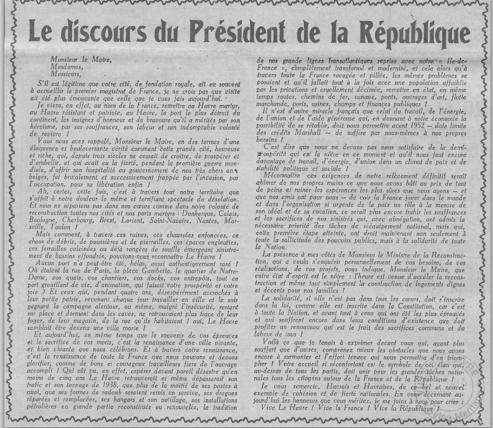 Libération du Havre : le discours de Vincent Auriol, président de la République, il y a 65 ans