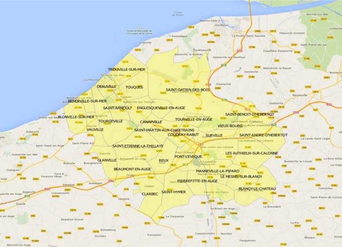 Les télespectateurs de trente-trois communes (en jaune) peuvent bénéficier d'aides de l'Etat. (Cliquez sur la carte pour l'agrandir)