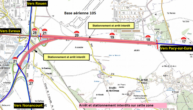 Evreux. Arrêt et stationnement interdits sur la RN 13 aux abords de la BA105 les 13 et 14 juillet Evreux. Arrêt et stationnement interdits sur la RN 13 aux abords de la BA105 les 13 et 14 juillet