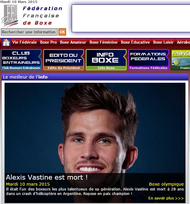 Alexis Vastine est mort ! titre le site internet de la Fédération française de boxe (FFB) ce matin (Capture d'écran)