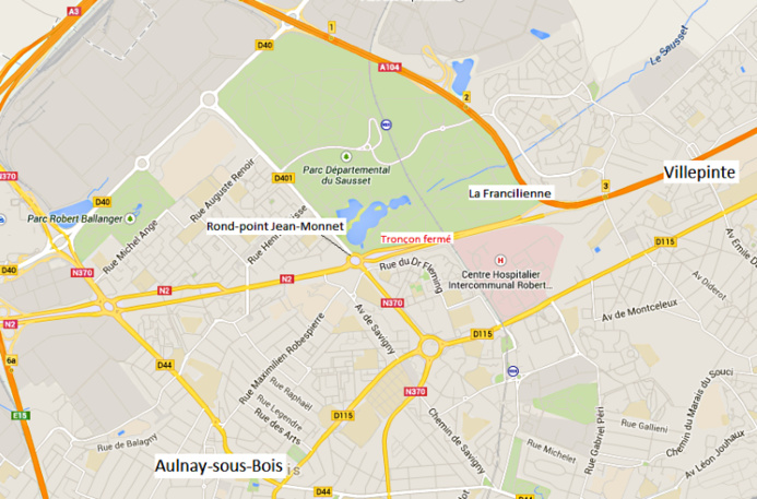 La RN 2 est fermée à partir du rond-point Jean Monnet (Aulnay-sous-Bois) jusqu'à l'entrée de la Francilienne (A104) en direction de Villepinte (Cliquer sur la carte pour l'agrandir)