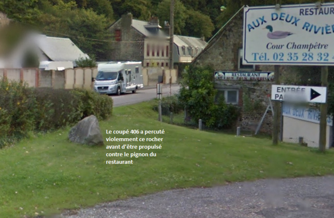 La Peugeot arrivait du centre ville de Fécamp et allait vers Colleville. 150 mètres avant l'intersection avec le chemin de Briqueville, son conducteur en a perdu le contrôle. Dans un ultime vol plané, le véhicule s'est encastré dans le pignon de ce restaurant (Illustration) La Peugeot arrivait du centre ville de Fécamp et allait vers Colleville. 150 mètres avant l'intersection avec le chemin de Briqueville, son conducteur en a perdu le contrôle. Dans un ultime vol plané, le véhicule s'est encastré dans le pignon de ce restaurant (Illustration)