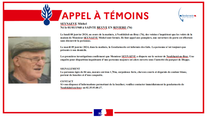 Disparition inquiétante d'un homme de 84 ans en Seine-Maritime : la gendarmerie lance un appel à témoin Disparition inquiétante d'un homme de 84 ans en Seine-Maritime : la gendarmerie lance un appel à témoin