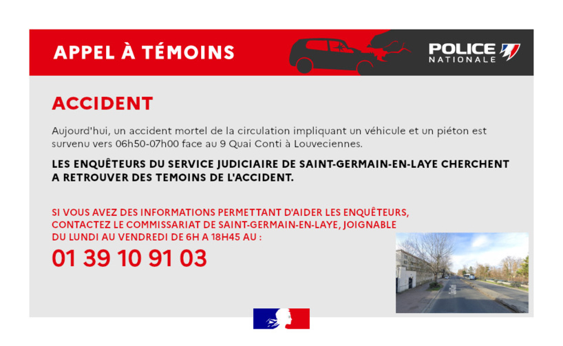 Yvelines. Un piéton fauché mortellement à Louveciennes : appel à témoins de la police Yvelines. Un piéton fauché mortellement à Louveciennes : appel à témoins de la police