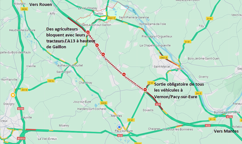 L'autoroute A13 bloquée par les agriculteurs à Gaillon (Eure) : déviations obligatoires