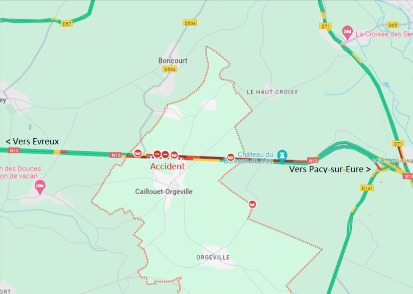 Accident grave sur la RN13 à Caillouet-Orgeville : neuf blessés, dont un en urgence absolue