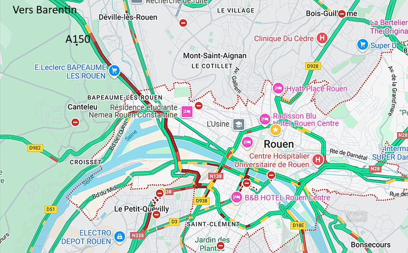 D'importantes perturbations ont été constatées jusque sur la rive gauche de Rouen - Capture d'écran Google Maps D'importantes perturbations ont été constatées jusque sur la rive gauche de Rouen - Capture d'écran Google Maps