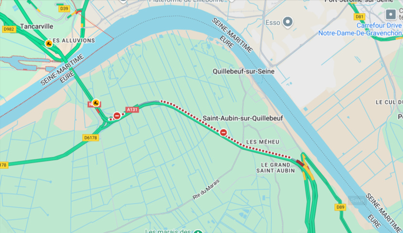 Accident entre deux poids-lourds sur l'A131 : circulation coupée et déviations vers le pont de Tancarville Accident entre deux poids-lourds sur l'A131 : circulation coupée et déviations vers le pont de Tancarville