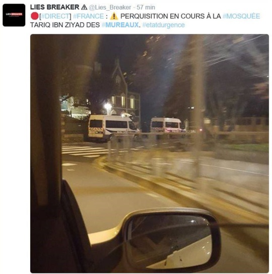 Perquisition ce soir dans le mosquée des Mureaux, rue Gambetta (Image publiée sur Twitter) Perquisition ce soir dans le mosquée des Mureaux, rue Gambetta (Image publiée sur Twitter)
