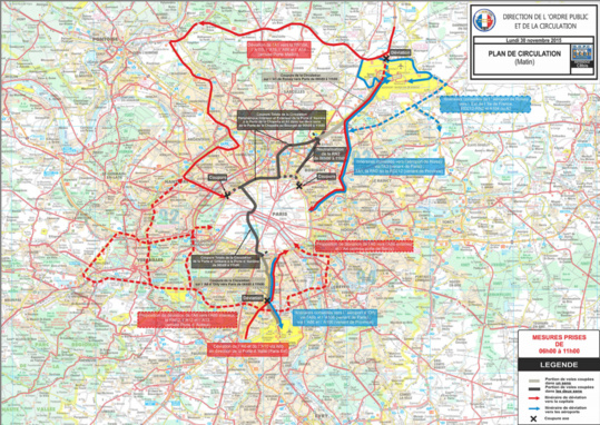 Les mesures prises de 6h à 11h, lundi 30 novembre (Cliquer sur la carte pour l'agrandir) Les mesures prises de 6h à 11h, lundi 30 novembre (Cliquer sur la carte pour l'agrandir)