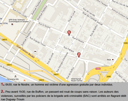 Agressions gratuites : deux passants roués de coups dans le centre-ville de Rouen Agressions gratuites : deux passants roués de coups dans le centre-ville de Rouen