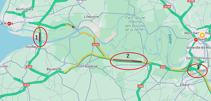 Les zones de l'A 13 et de l'A29 à éviter ce jeudi matin : 1 - pont de Normandie (A29). 2 - le secteur entre Bosgouet et Étréville. 3 - Oissel où un accident matériel s'est produit en direction de Paris Les zones de l'A 13 et de l'A29 à éviter ce jeudi matin : 1 - pont de Normandie (A29). 2 - le secteur entre Bosgouet et Étréville. 3 - Oissel où un accident matériel s'est produit en direction de Paris