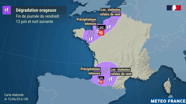 Carte publiée sur le site de Météo France jeudi à 13 heures Carte publiée sur le site de Météo France jeudi à 13 heures