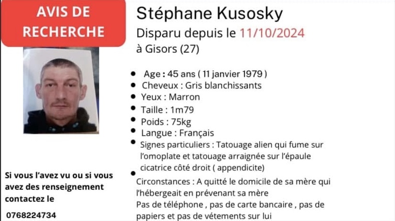 Appel à témoins dans le cadre de l’enquête sur le décès de Stéphane Kusosky à Gisors (Eure) Appel à témoins dans le cadre de l’enquête sur le décès de Stéphane Kusosky à Gisors (Eure)