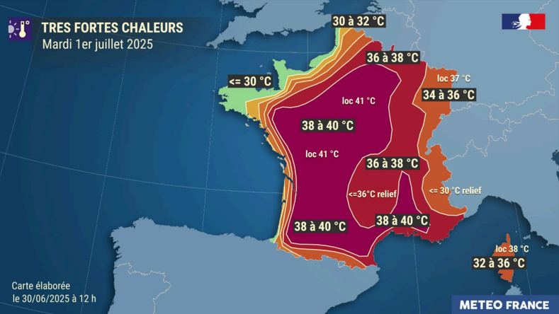 Carte publiée par Météo France pour la journée de demain mardi