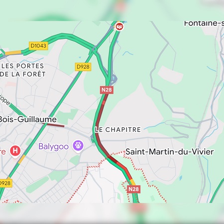 Accident impliquant un poids lourd sur la N28 : circulation coupée à Bois-Guillaume, près de Rouen 